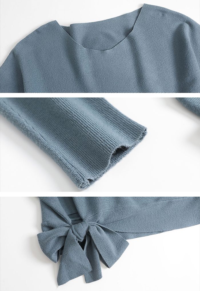 Batwing Sleeve Bowknot Oversize Sweater in Dusty Blue