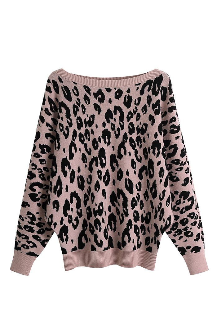 Leopard Jacquard Batwing Sleeve Sweater in Pink