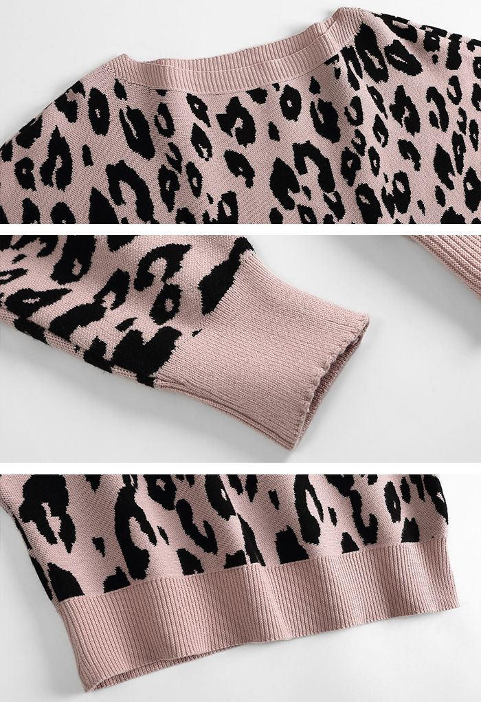 Leopard Jacquard Batwing Sleeve Sweater in Pink