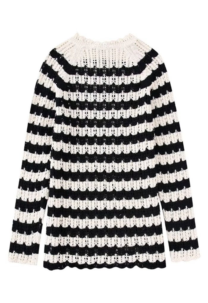 Wavy Stripe Pattern Longline Knit Sweater