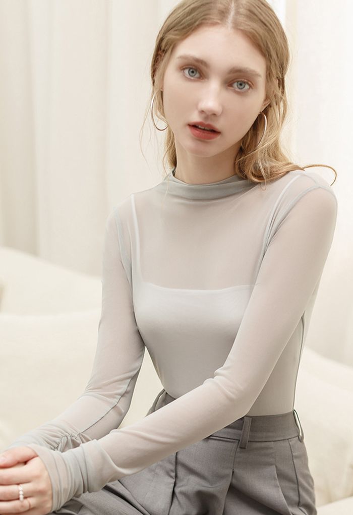 Ruched Detail Sheer Mesh Fitted Top in Grey