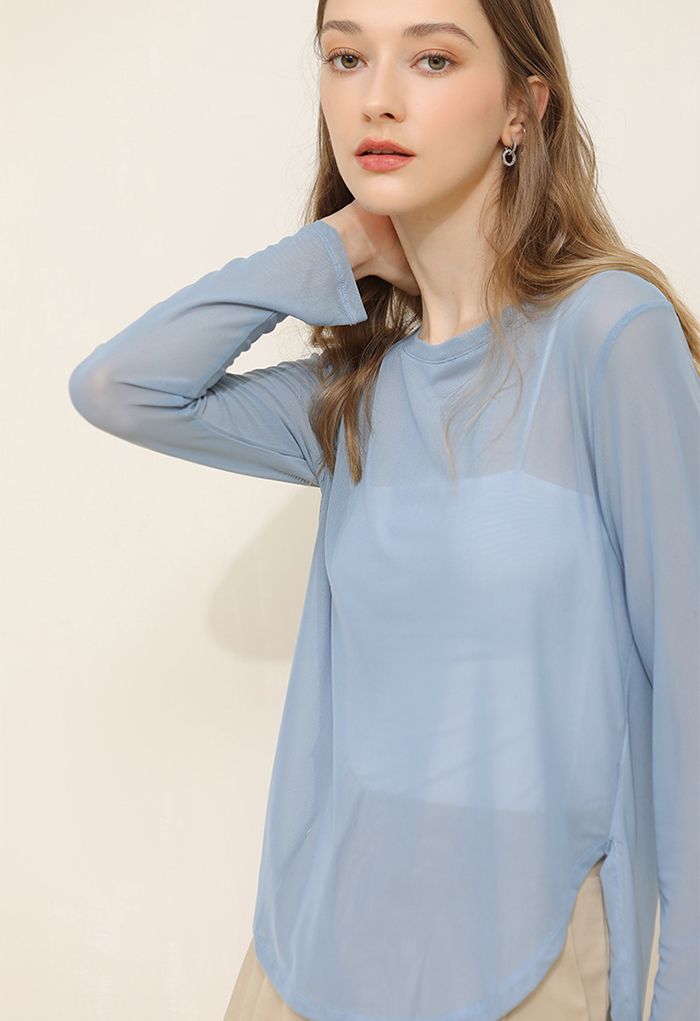Knotted Back Sheer Mesh Top in Blue