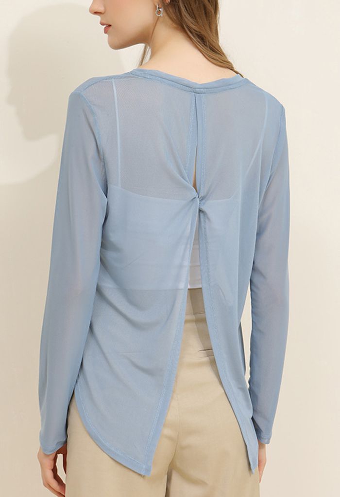 Knotted Back Sheer Mesh Top in Blue