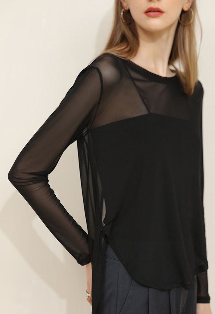 Knotted Back Sheer Mesh Top in Black