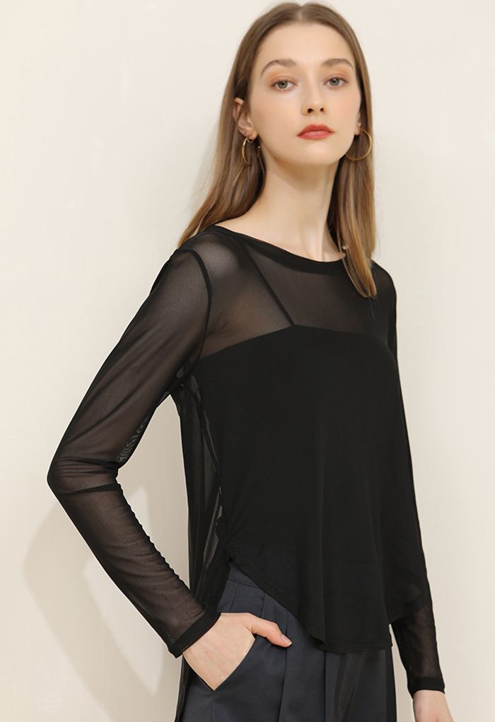 Knotted Back Sheer Mesh Top in Black