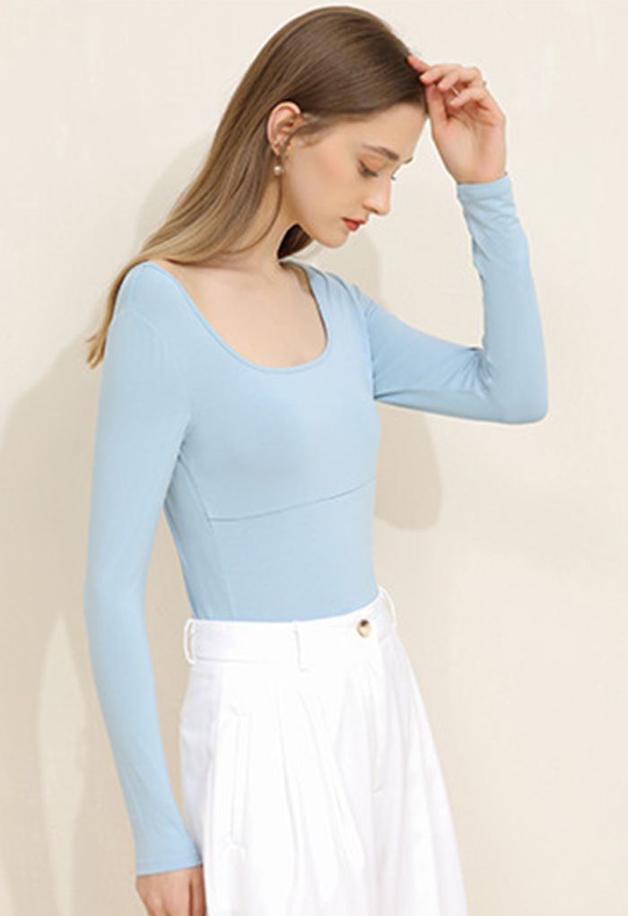 Square Neck Crisscross Back Fitted Top in Blue - Retro, Indie and