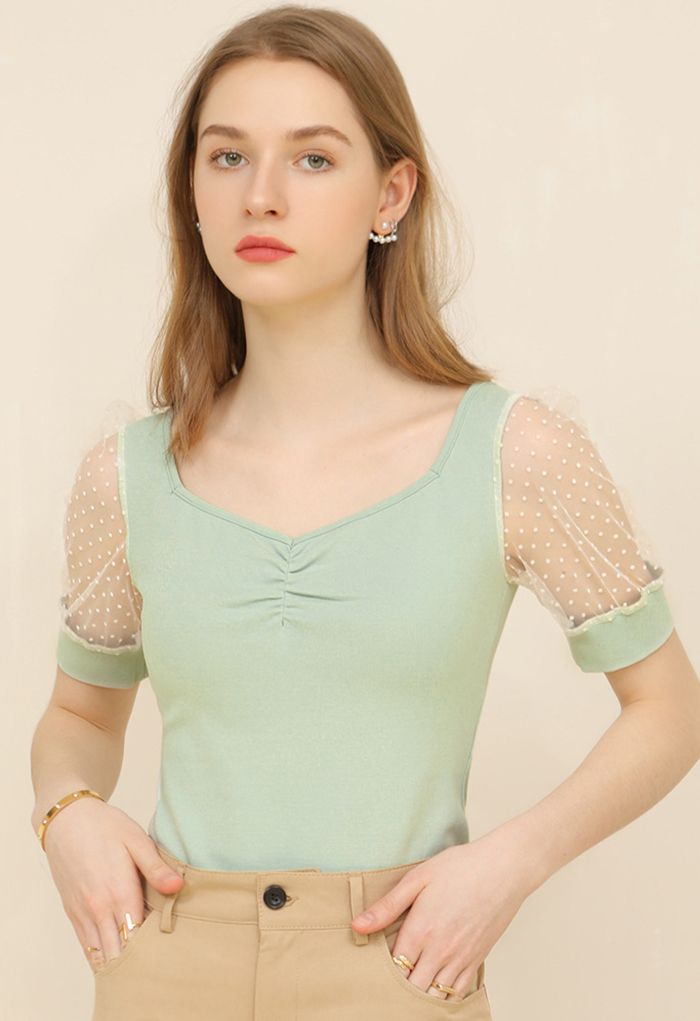 Spliced Dotted Mesh Short Sleeve Top in Pea Green