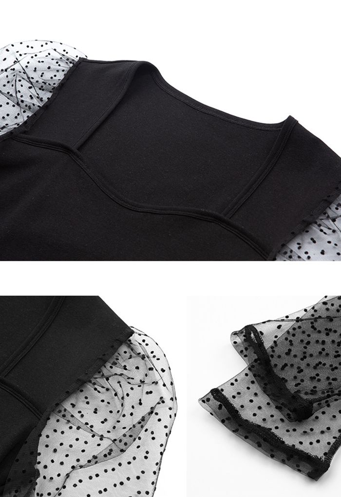 Dotted Mesh Long Sleeves Fitted Top in Black