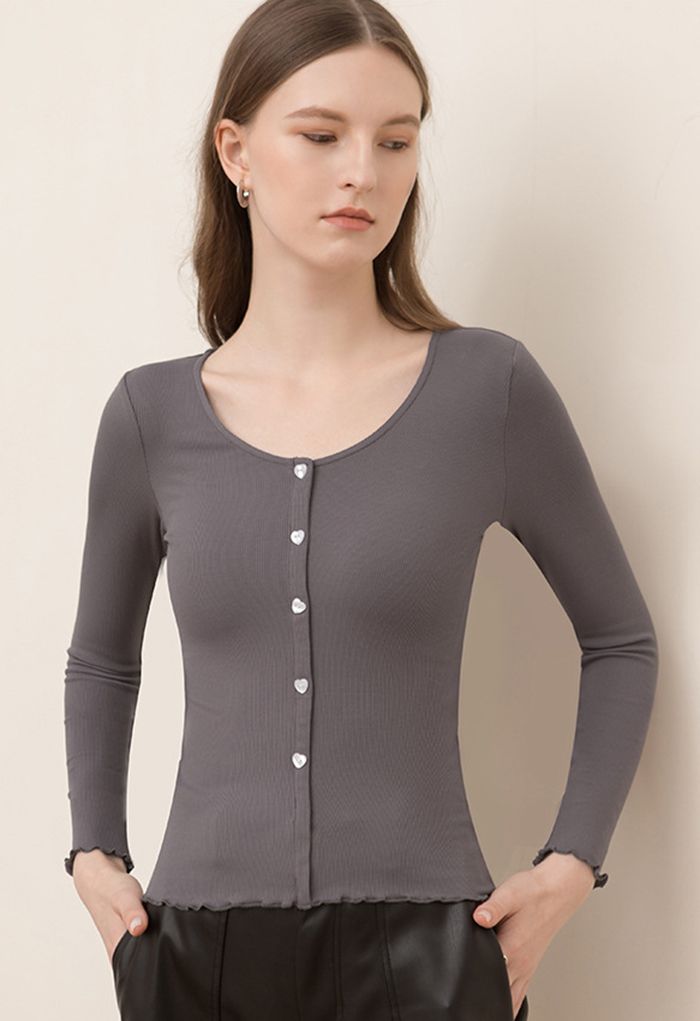 Heart-Shape Button Trim Fitted Top in Grey