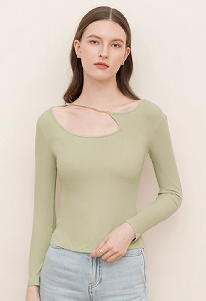 Golden Chain Embellish Fitted Top in Pea Green