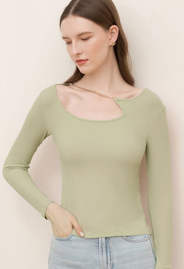 Golden Chain Embellish Fitted Top in Pea Green