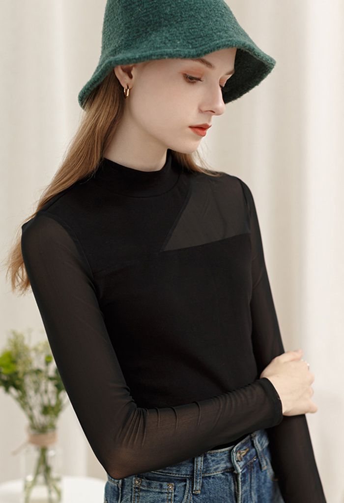 Mesh Spliced Mock Neck Fitted Top