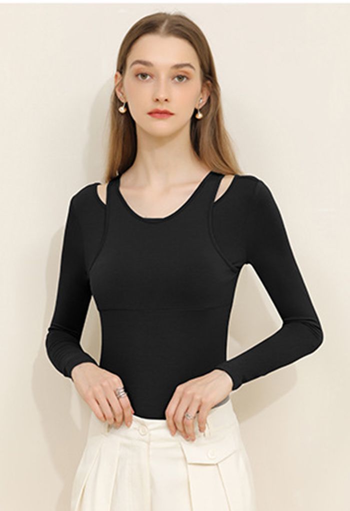 Fake Two-Piece Fitted Top in Black