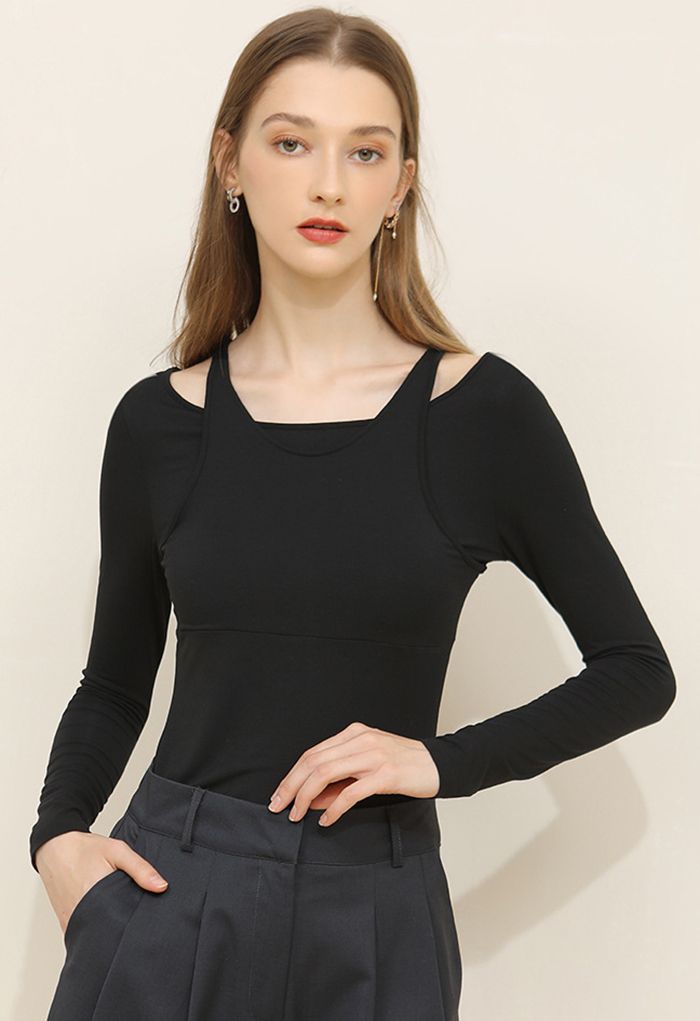 Fake Two-Piece Fitted Top in Black - Retro, Indie and Unique Fashion