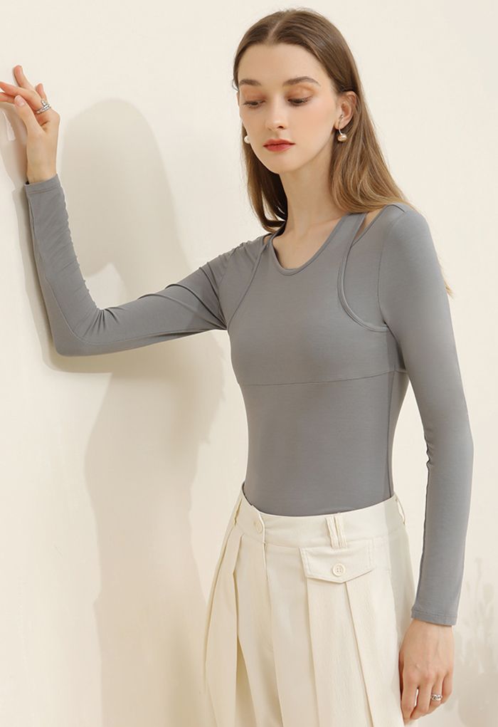 Fake Two-Piece Fitted Top in Grey
