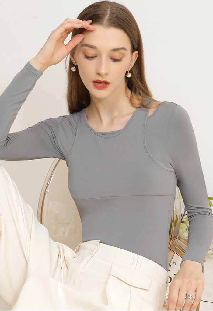 Fake Two-Piece Fitted Top in Grey - Retro, Indie and Unique Fashion