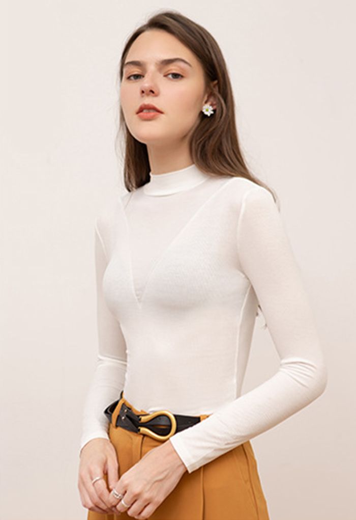 V-Shadow Mock Neck Fitted Top in White - Retro, Indie and Unique Fashion