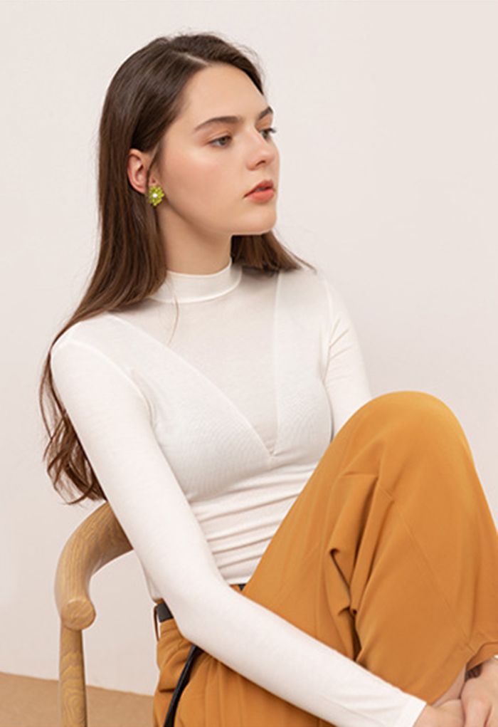 V-Shadow Mock Neck Fitted Top in White