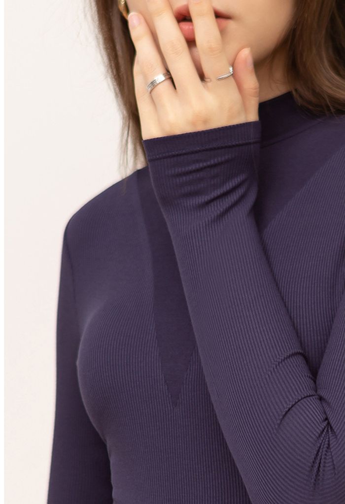 V-Shadow Mock Neck Fitted Top in Navy