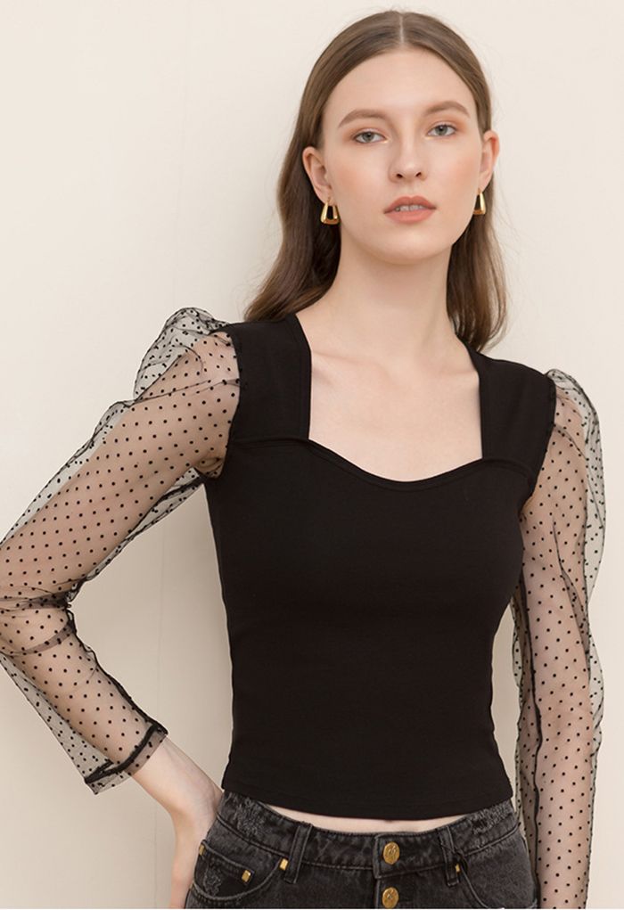 Dotted Mesh Long Sleeves Fitted Top in Black - Retro, Indie and Unique ...