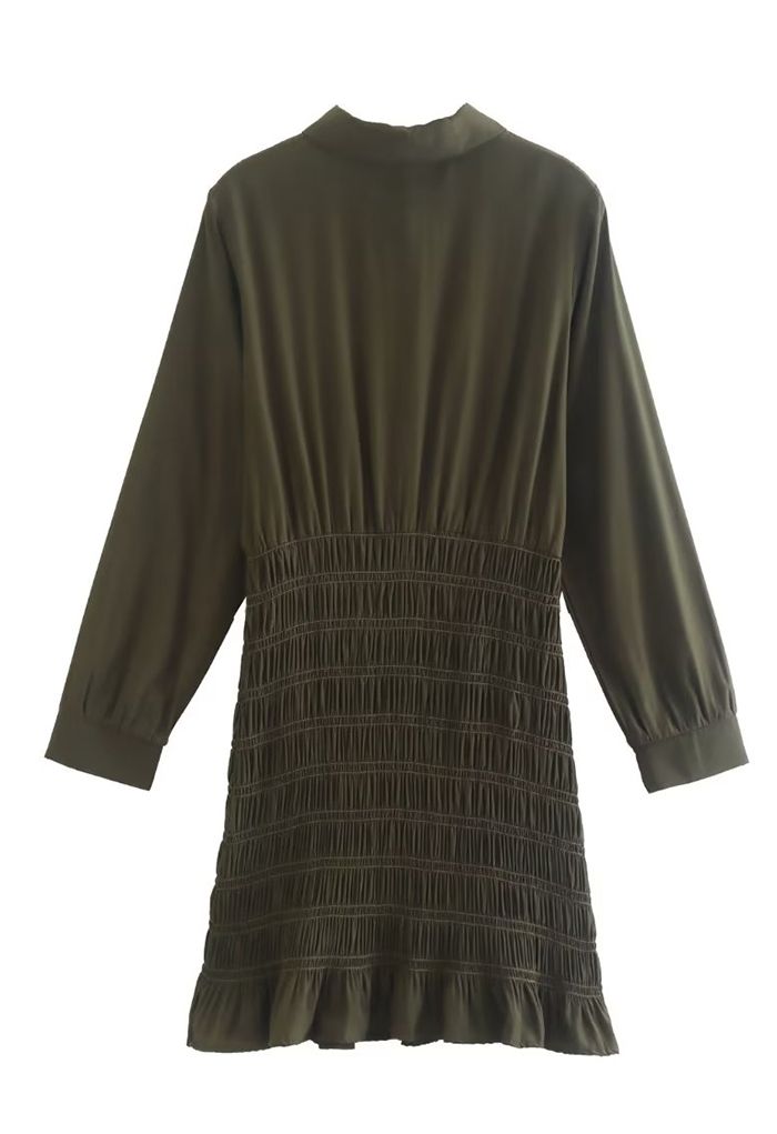 Ruffle Hem Shirring Long Sleeve Midi Dress