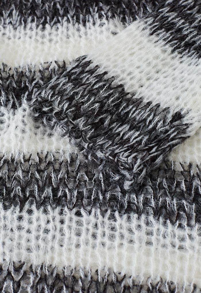 Fuzzy Knit Striped Oversized Sweater in Black