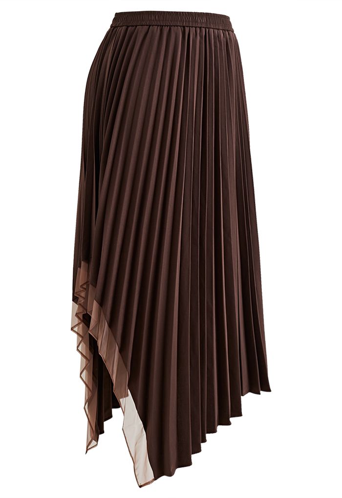 Asymmetric Organza Panelled Pleated Midi Skirt in Brown - Retro, Indie ...