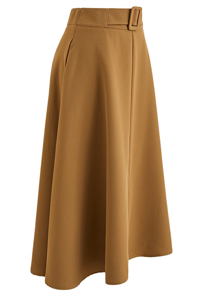 Fake Belt Casual A-Line Midi Skirt in Caramel - Retro, Indie and Unique ...