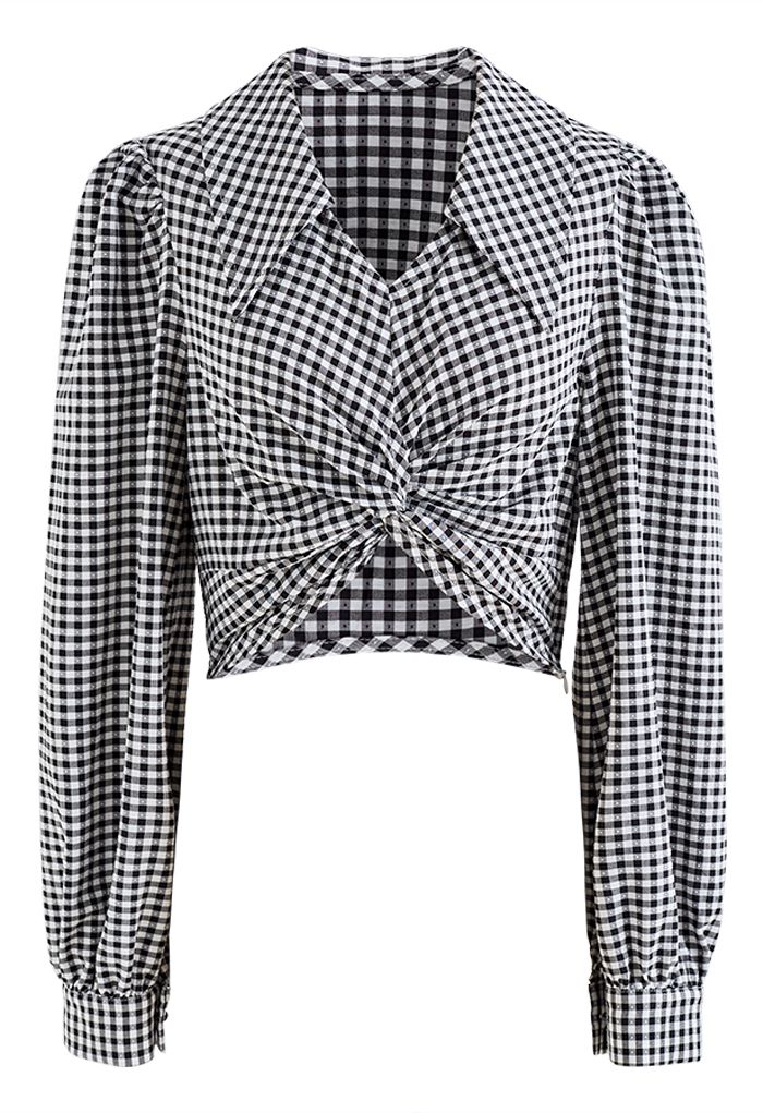Gingham Twist Front Chiffon Cropped Shirt in Black