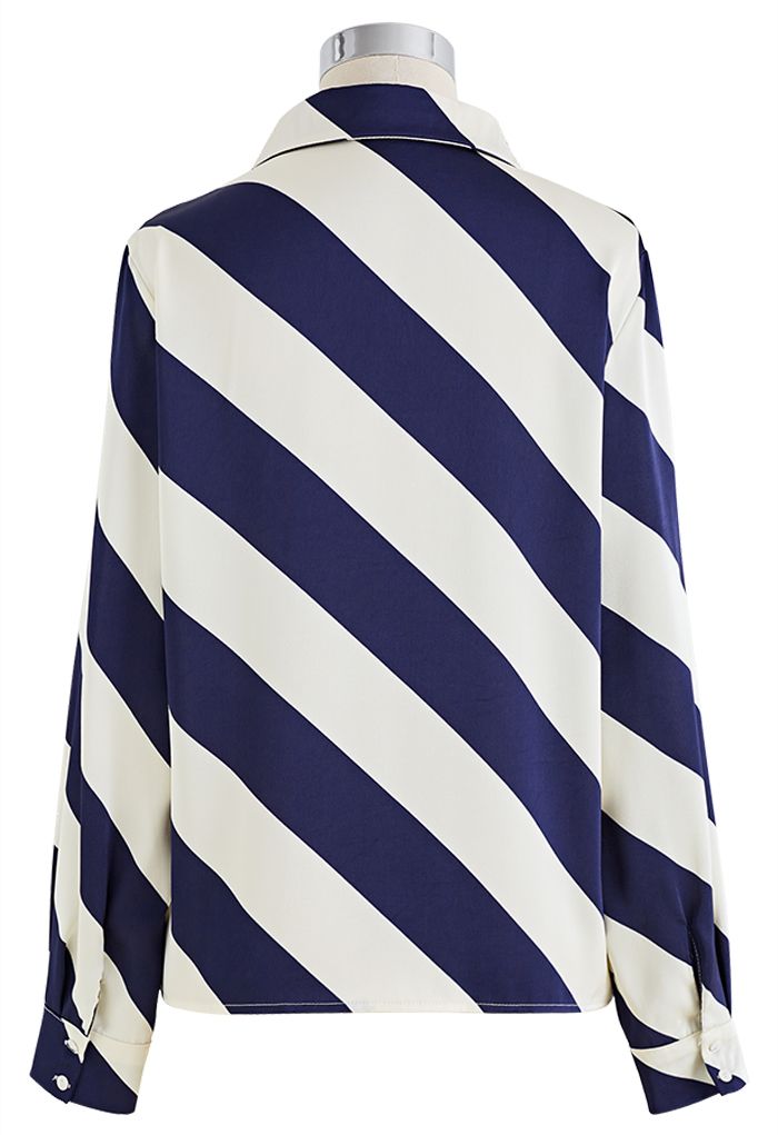 Diagonal Stripe V-Neck Satin Shirt in Navy - Retro, Indie and Unique Fashion