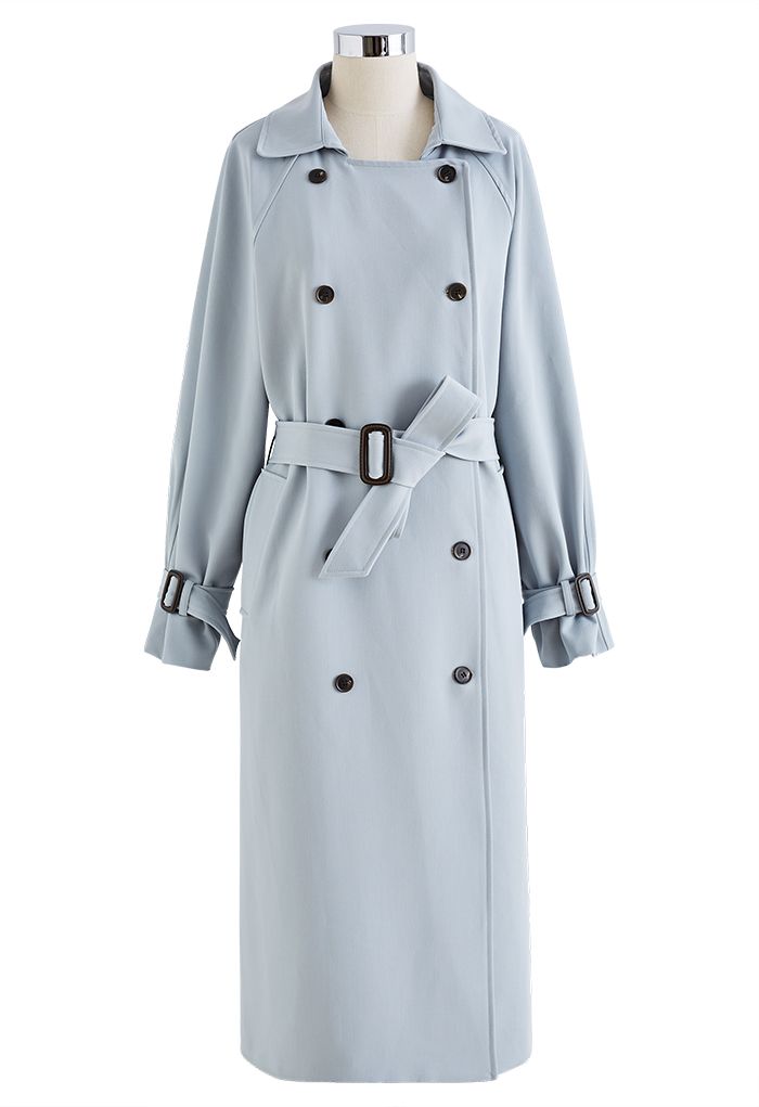 Baby Blue Double-Breasted Belted Trench Coat - Retro, Indie and Unique ...