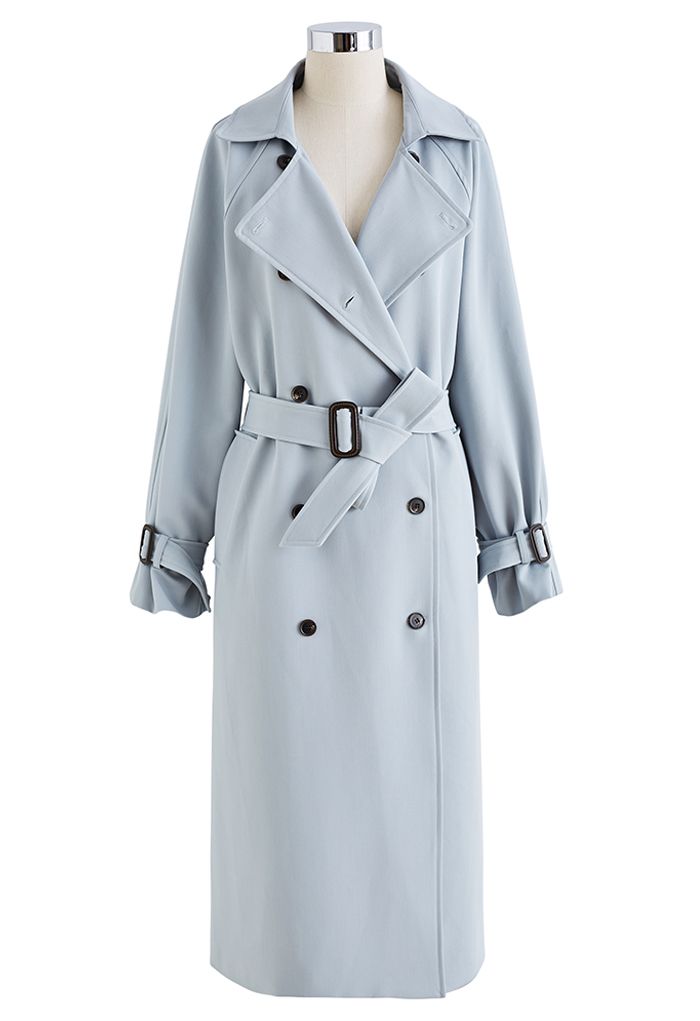 Baby Blue Double-Breasted Belted Trench Coat - Retro, Indie and Unique ...