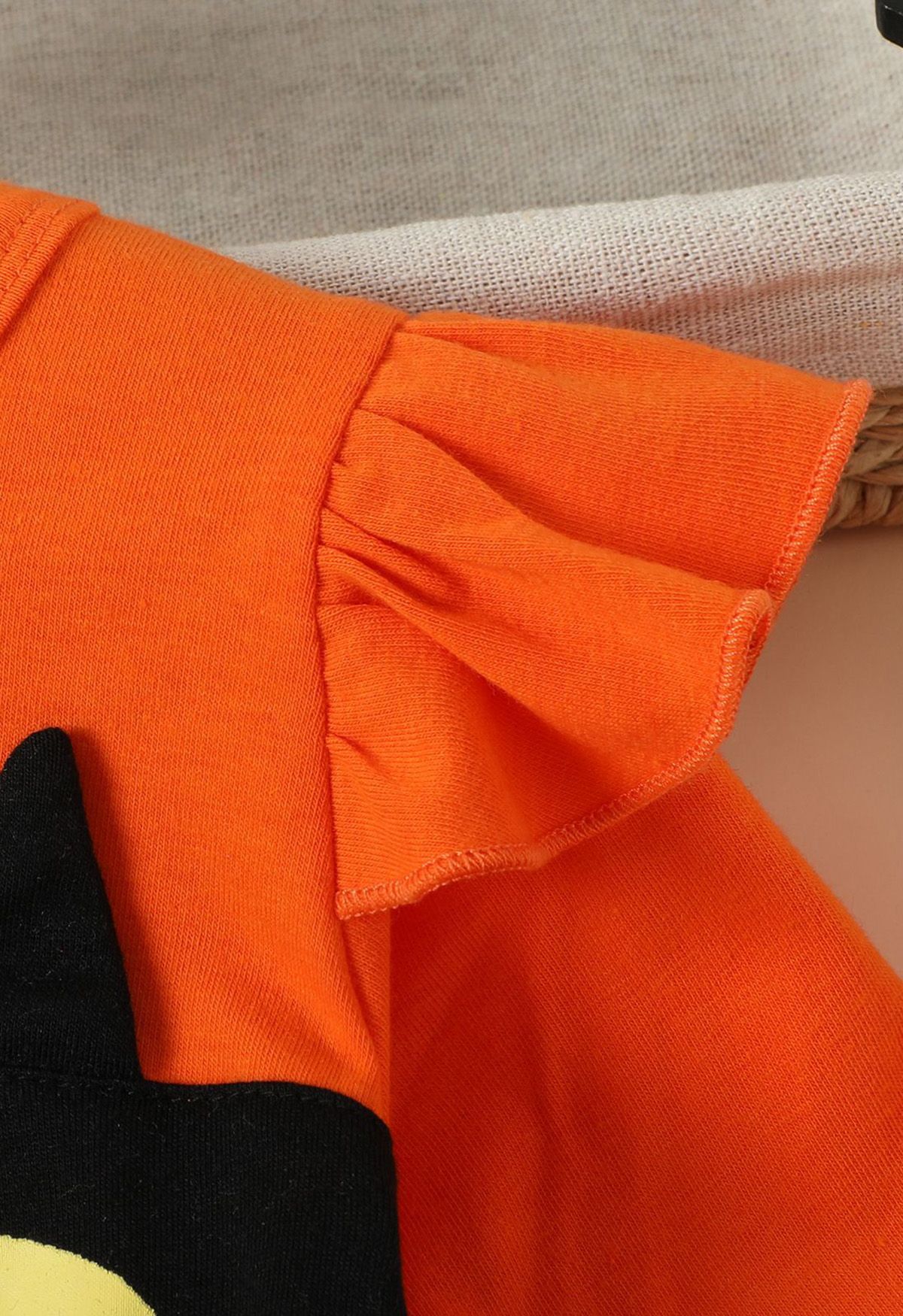 Kids' Black Owl Ruffle Mesh Tulle Spliced Dress in Orange