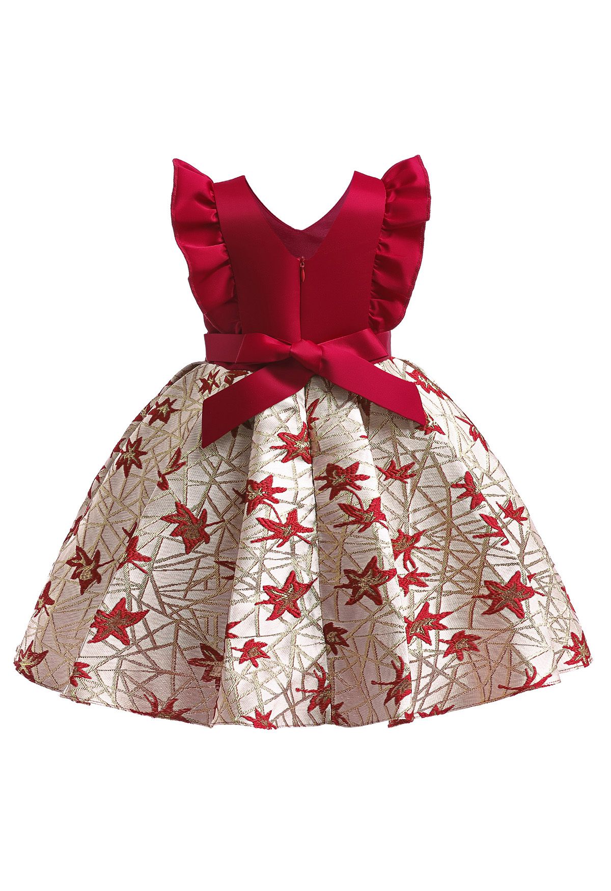 Girls' Jacquard Leaf Ruffle Bowknot Pleated Dress in Red