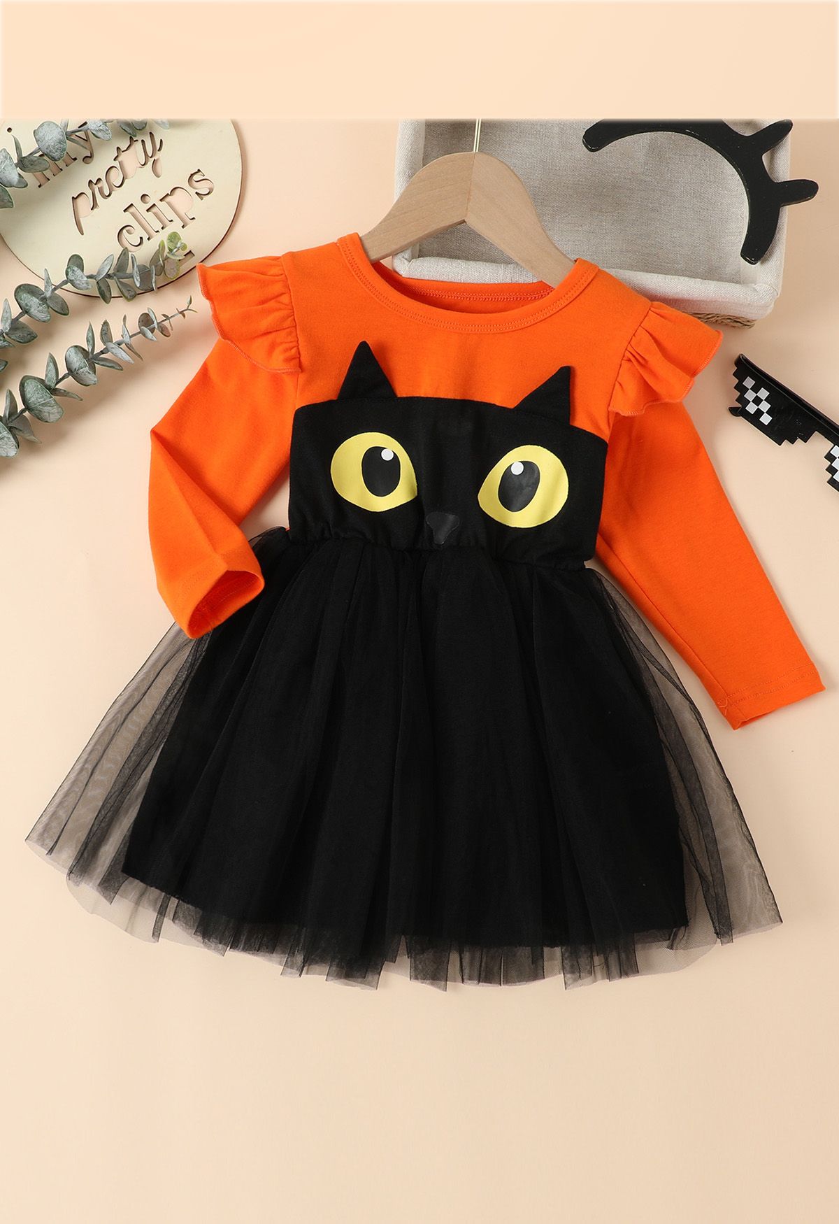 Kids' Black Owl Ruffle Mesh Tulle Spliced Dress in Orange