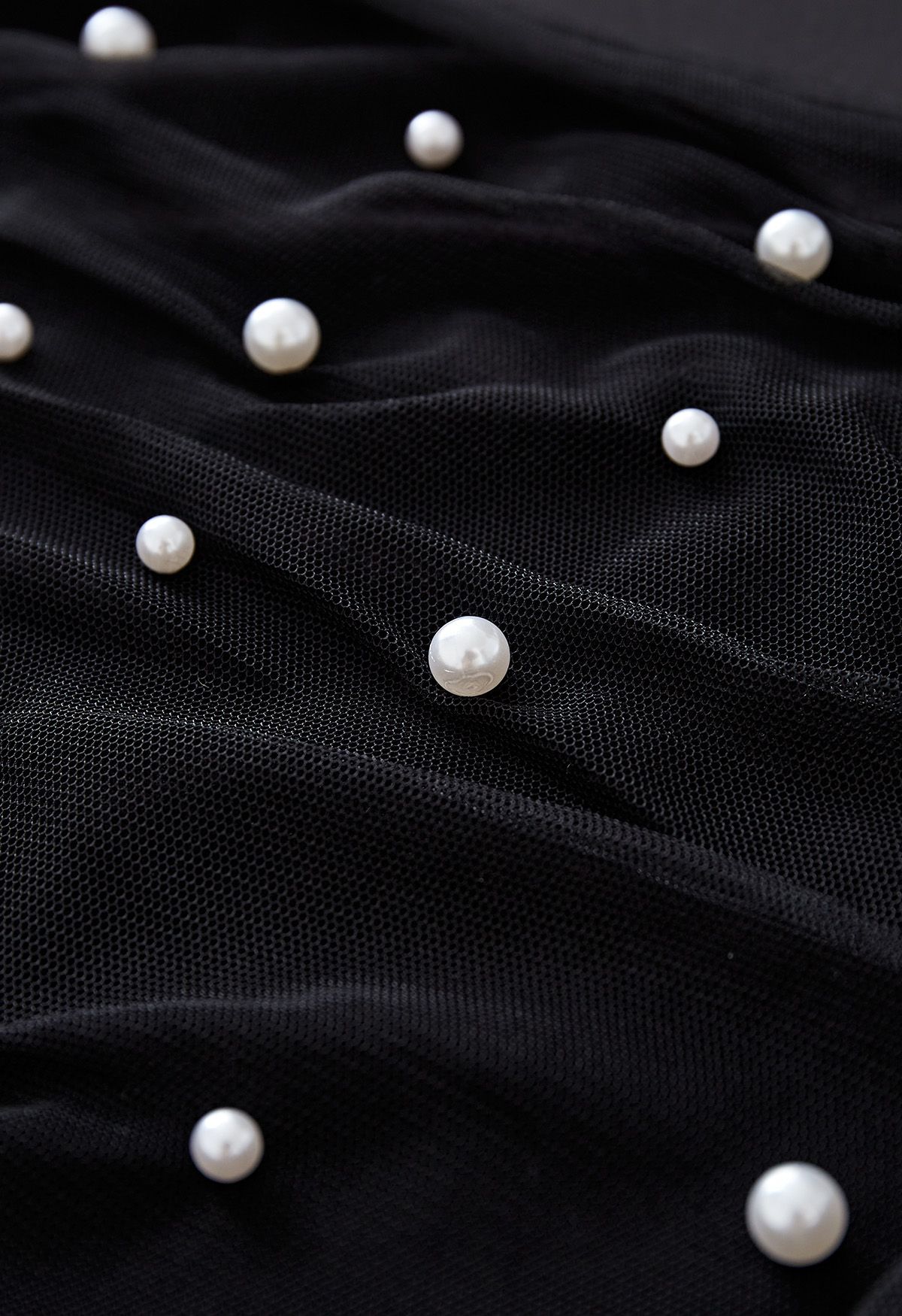 Pearl Embellished Velvet Mesh Crop Top in Black