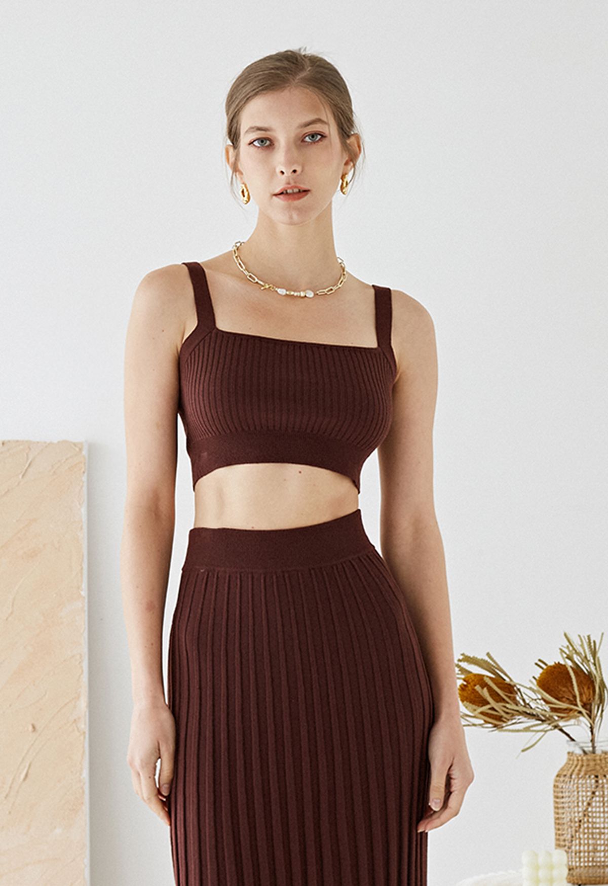 Ultra-Soft Ribbed Cami Knit Cropped Top in Brown - Retro, Indie and Unique  Fashion
