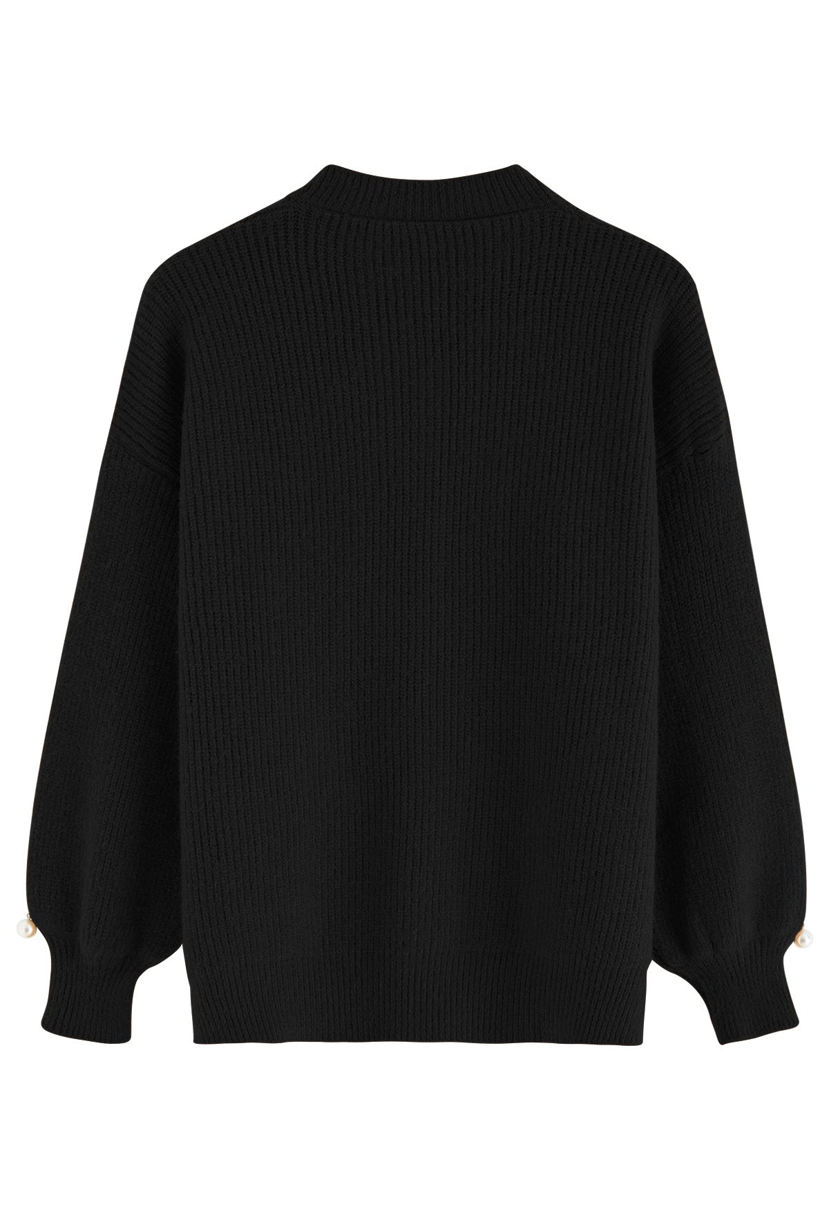 Pearl Decor Choker Neck Ribbed Knit Sweater in Black