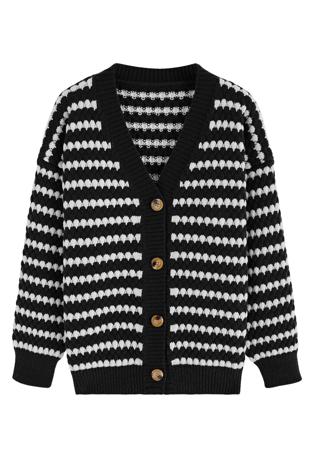 Button Down Striped Embossed Knit Cardigan in Black