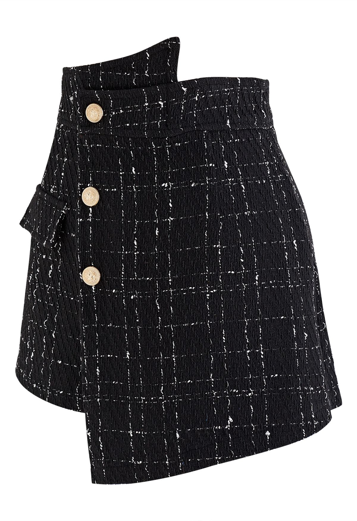 Grid Tweed Buttoned Flap Skorts in Black - Retro, Indie and Unique Fashion