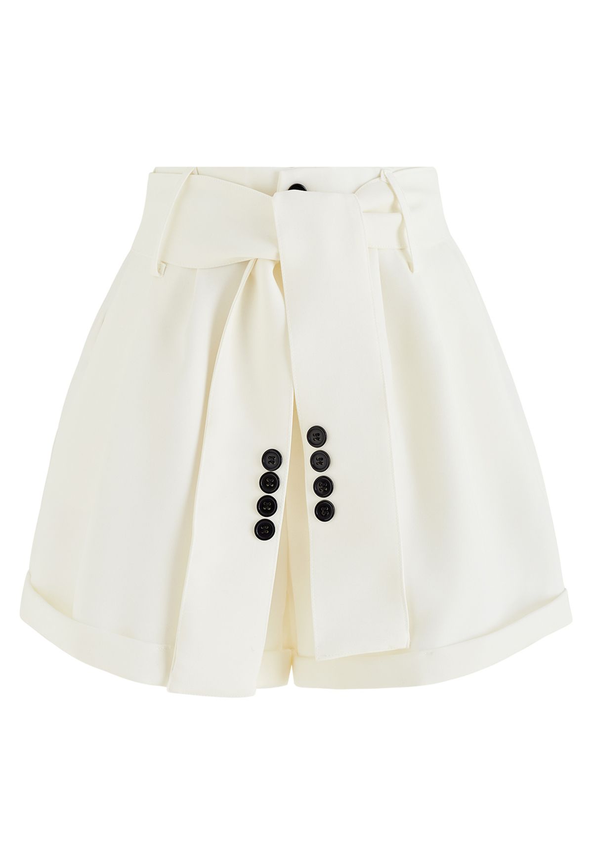 Buttoned Belt Slouchy Cuffed Hem Shorts in White