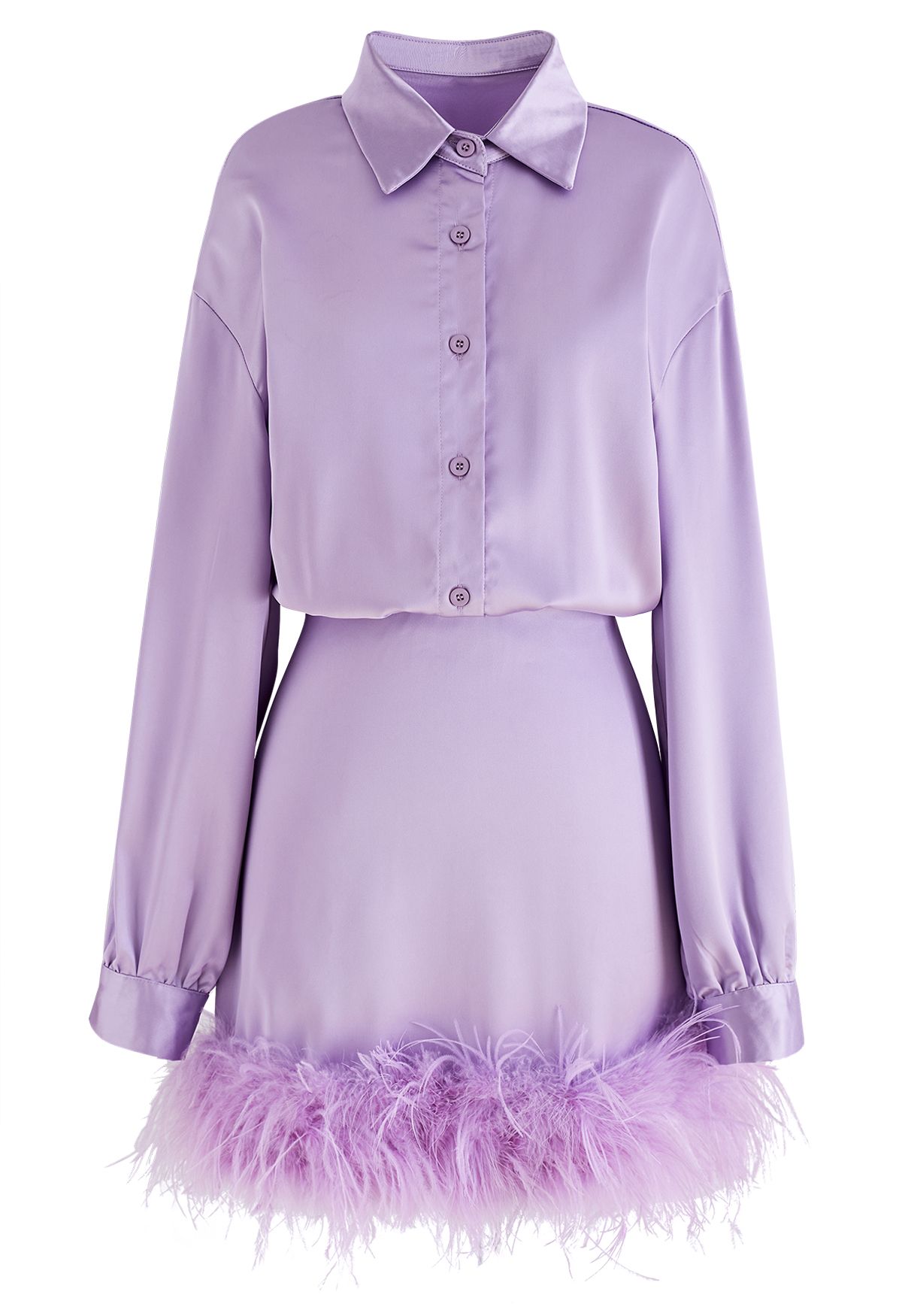 Ethereal Feather Long Sleeve Satin Dress in Purple