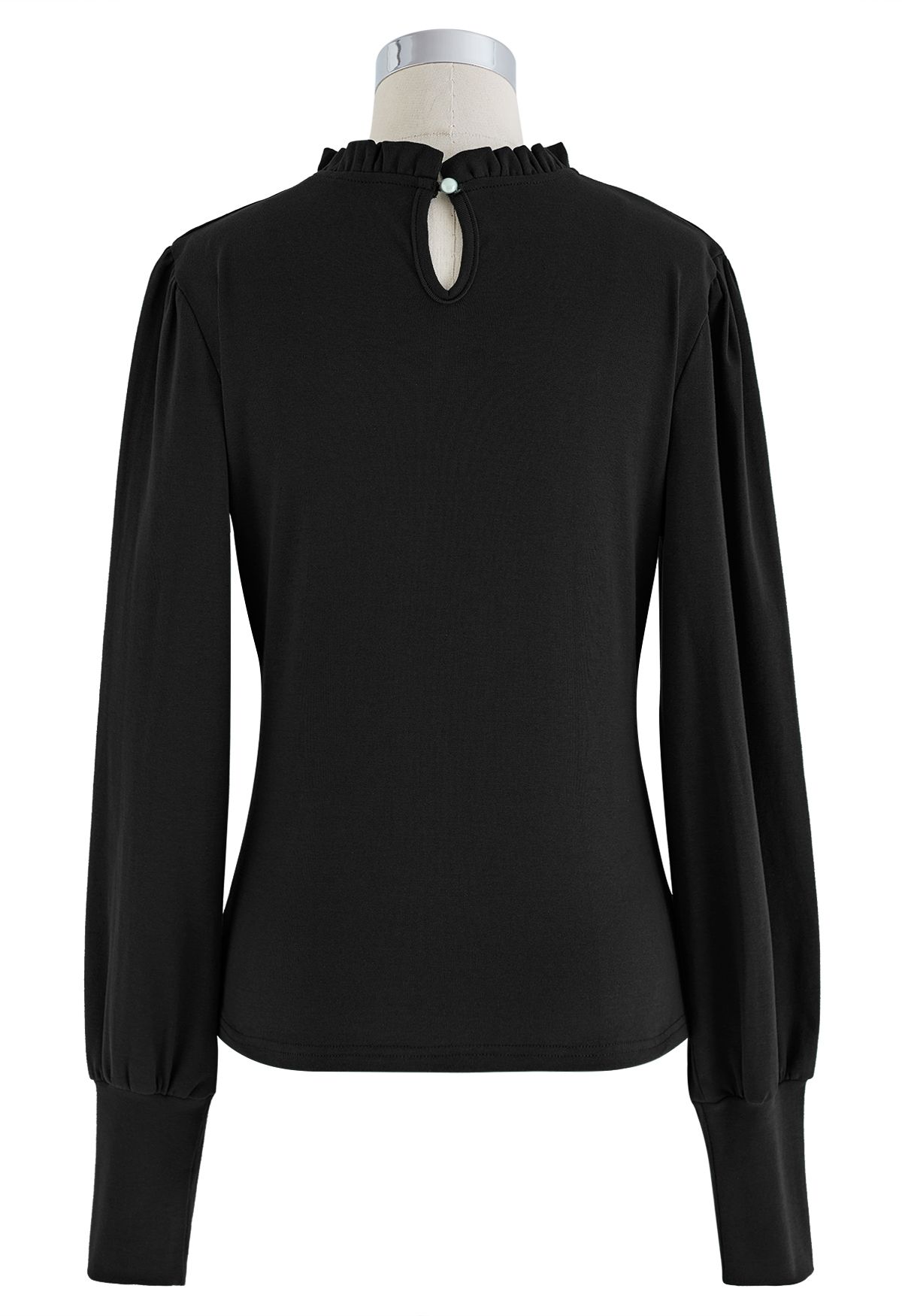 Ruched Front Ruffle Neck Fitted Top in Black - Retro, Indie and Unique ...