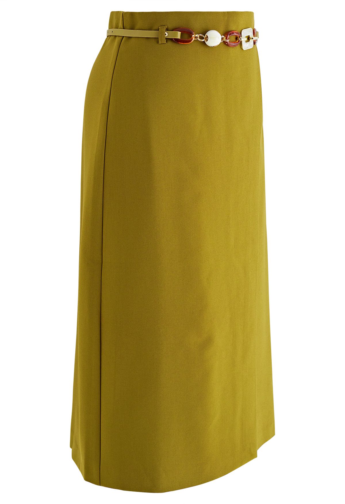 Flap Front Belted Midi Skirt in Mustard - Retro, Indie and Unique Fashion
