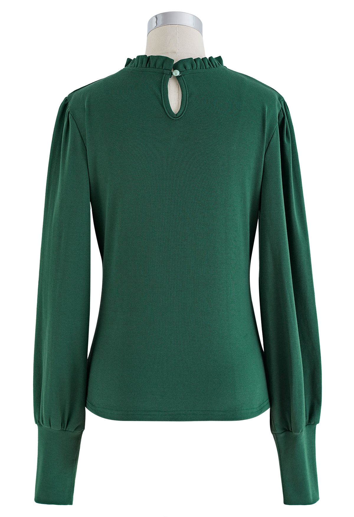 Ruched Front Ruffle Neck Fitted Top in Dark Green