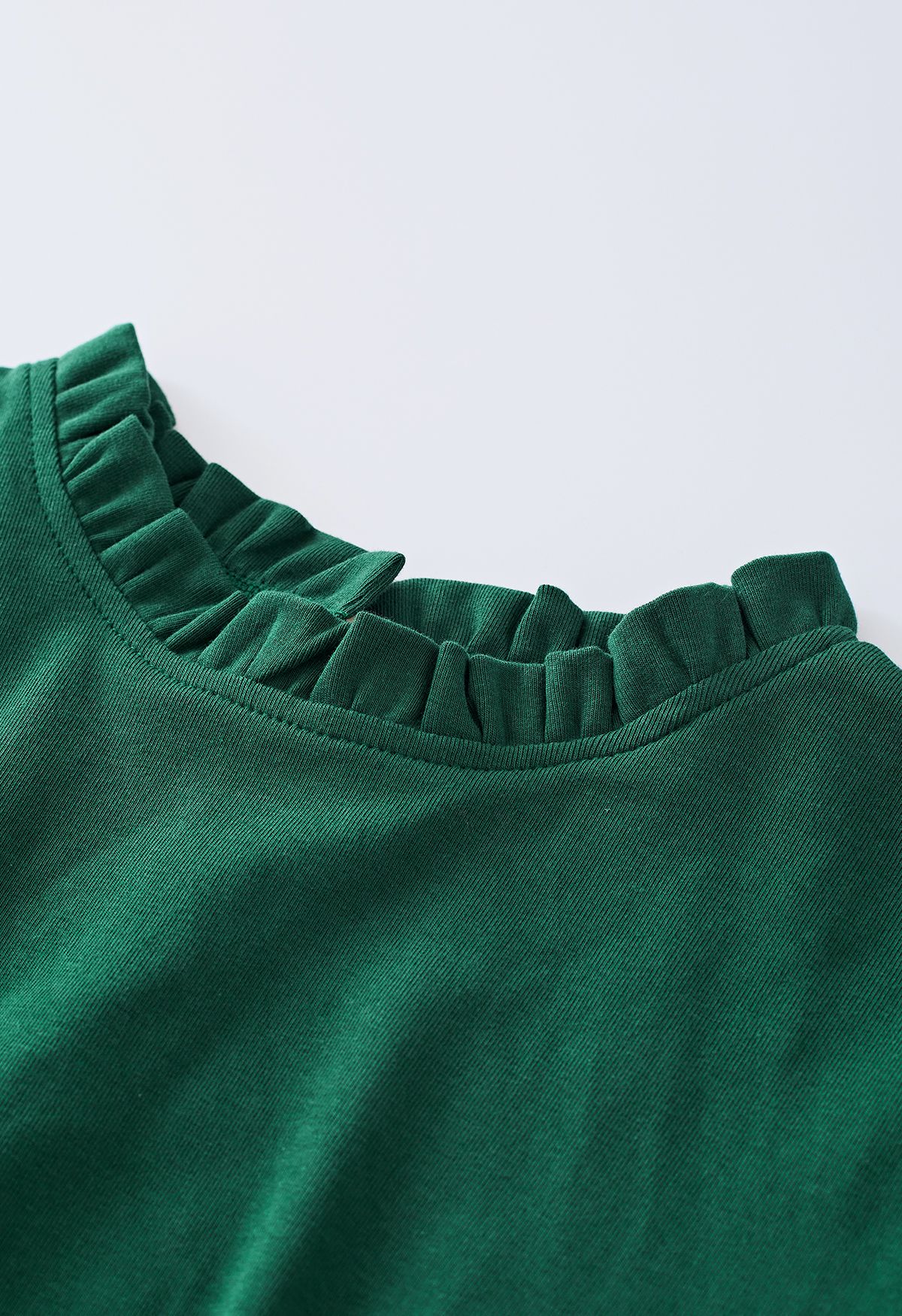 Ruched Front Ruffle Neck Fitted Top in Dark Green
