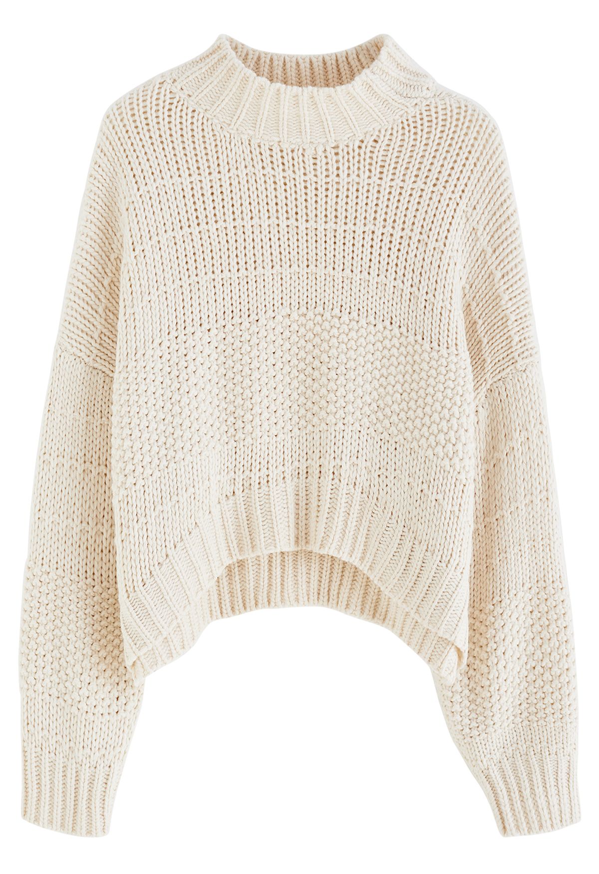 Mock Neck Hi-Lo Chunky Knit Sweater in Ivory