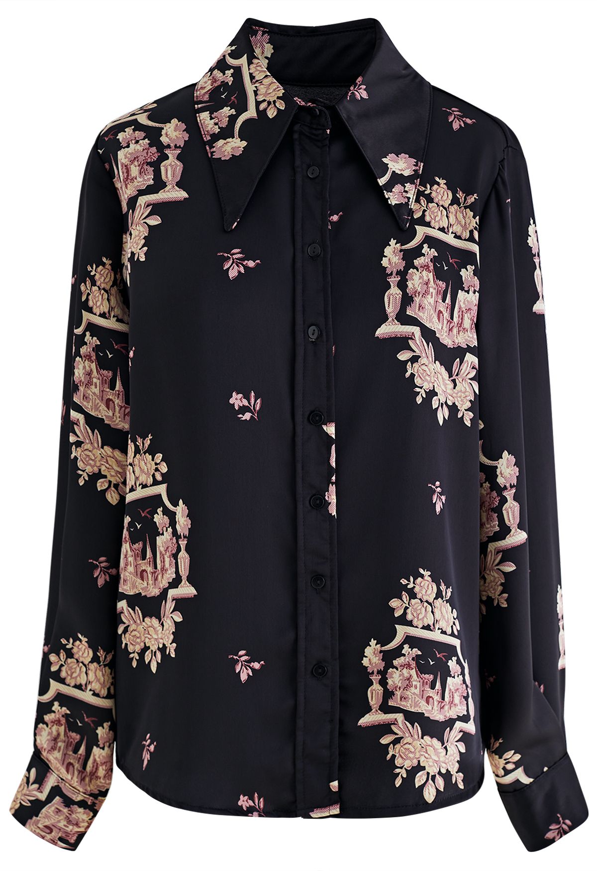 Floral Castle Print Satin Button Down Shirt in Black - Retro, Indie and ...