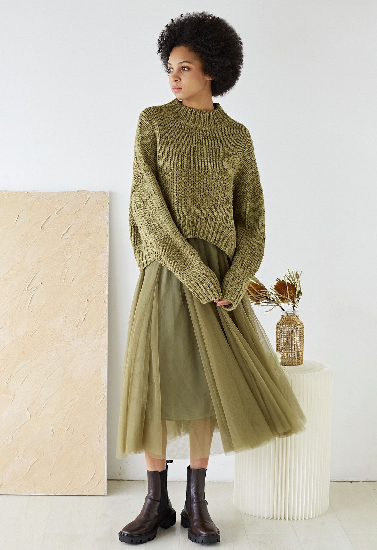Mock Neck Hi-Lo Chunky Knit Sweater in Army Green