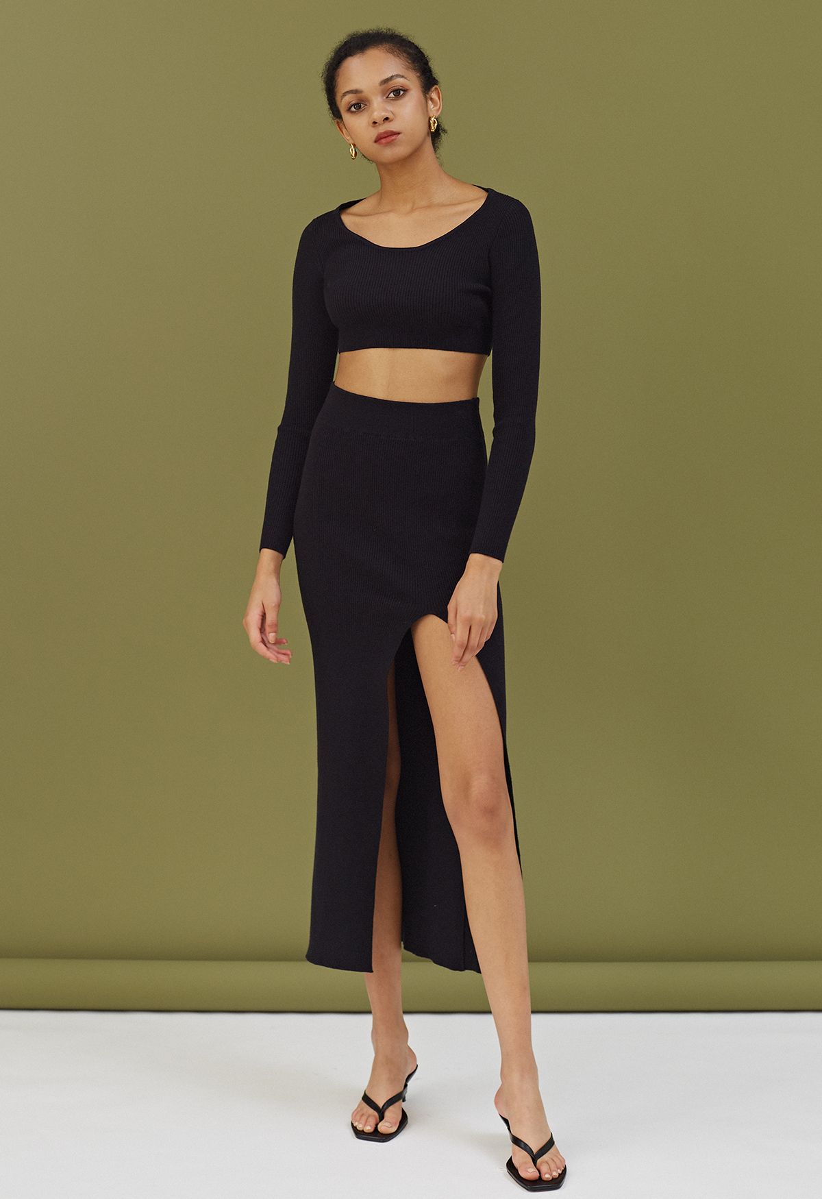 Knitted Crop Top and High Slit Maxi Skirt Set in Black